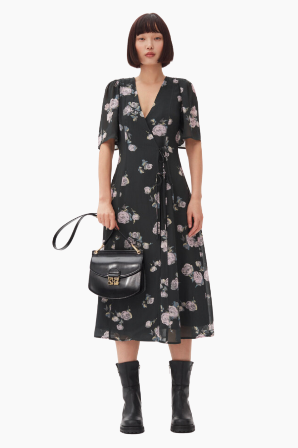 Fluid Crepe Wrap Midi Dress F9504 - Climbing Ivy - GANNI