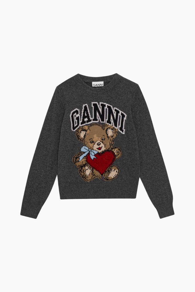 Graphic Wool Mix Bear Crewneck K2370 - Gray Quill - GANNI