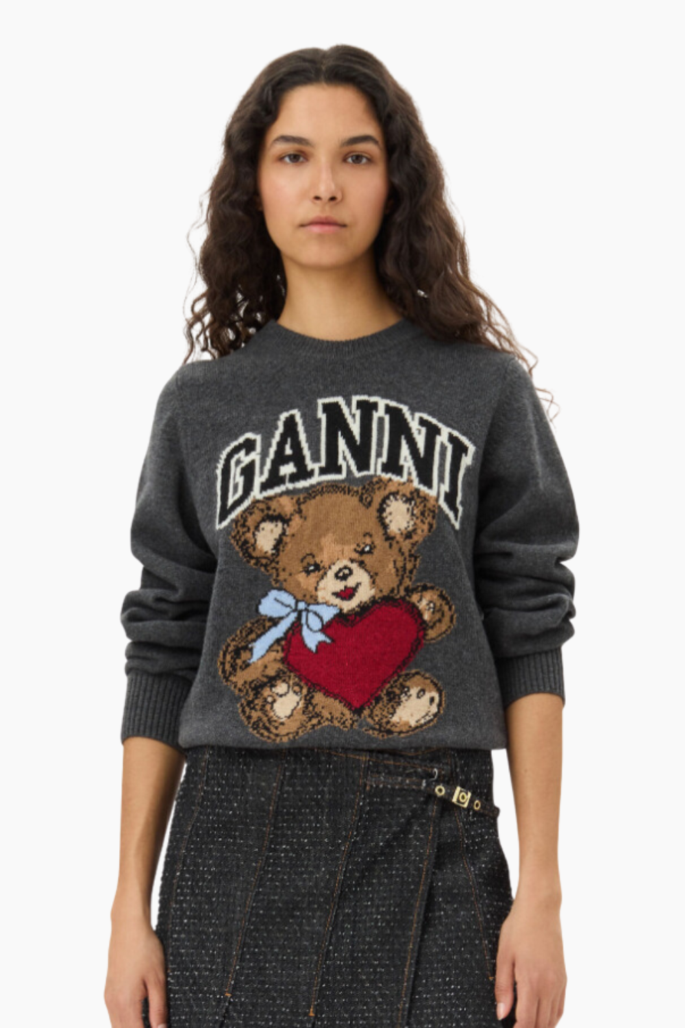 Graphic Wool Mix Bear Crewneck K2370 - Gray Quill - GANNI