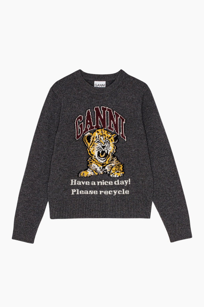 Graphic Wool Mix Tiger Crewneck K2278 - Grey Quill - GANNI