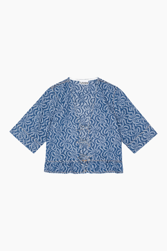 Jacquard Denim Flounce Tie Blouse J1394 - Mid Blue Stone - GANNI