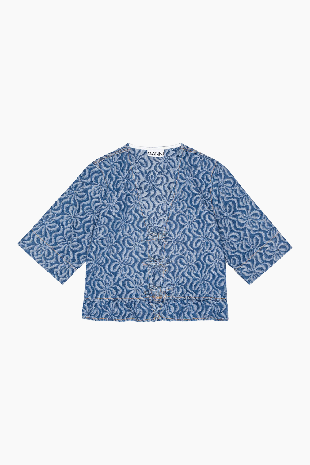 Jacquard Denim Flounce Tie Blouse J1394 - Mid Blue Stone - GANNI