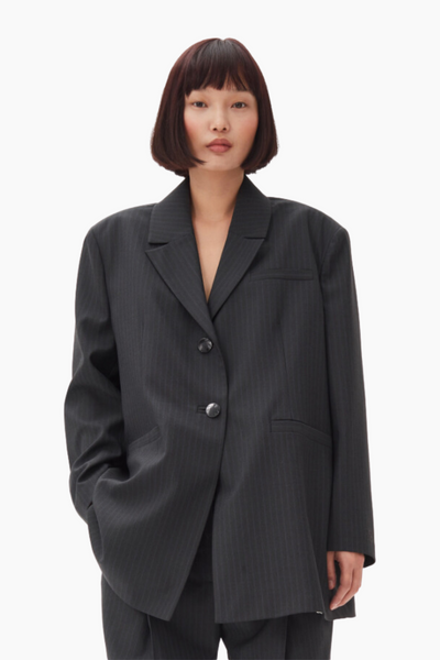 Melange Stripe Suiting Oversized Blazer F9697 - Phantom - GANNI