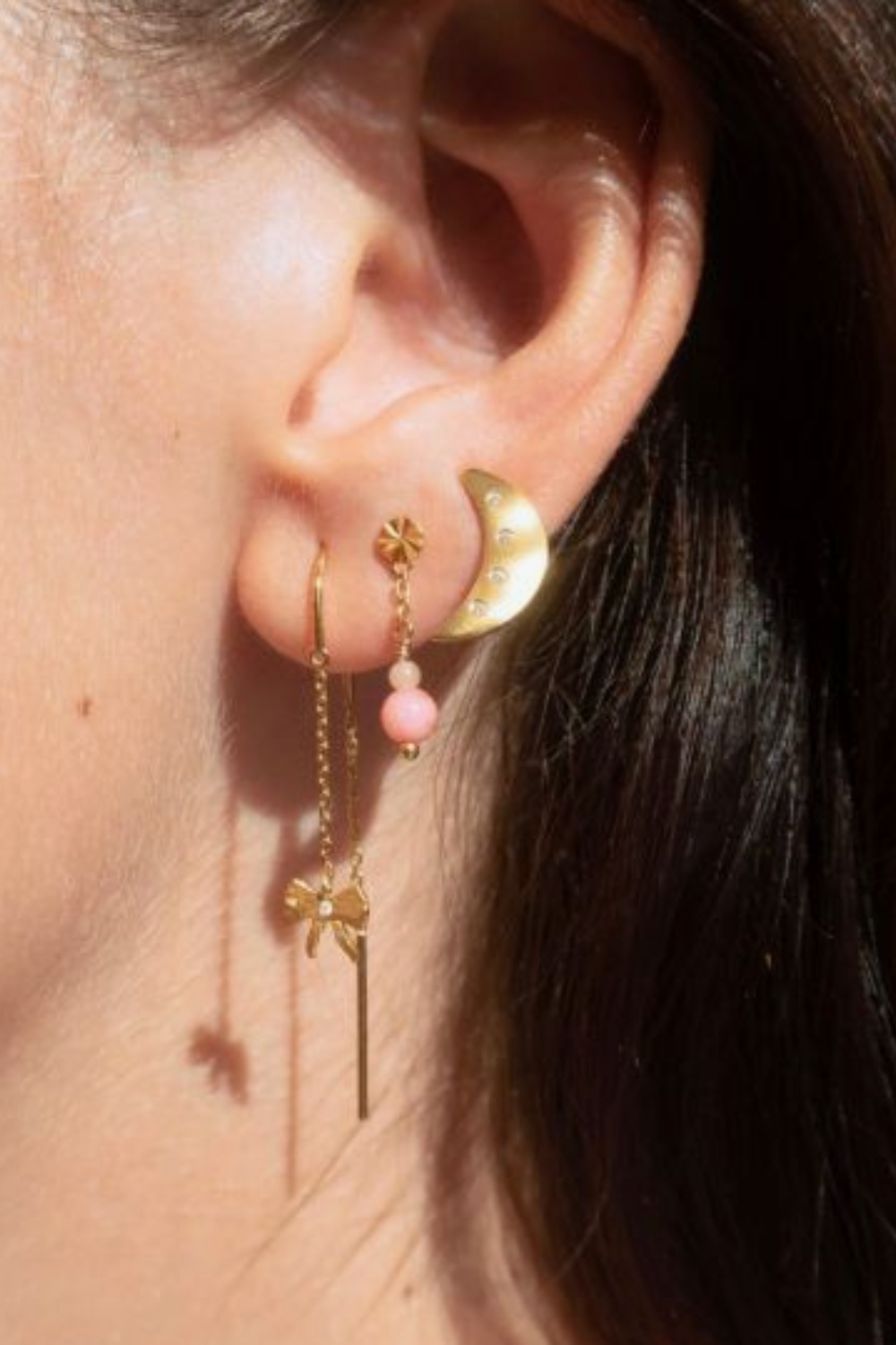 Petite Bow Double Chain Earring - Gold - Stine A